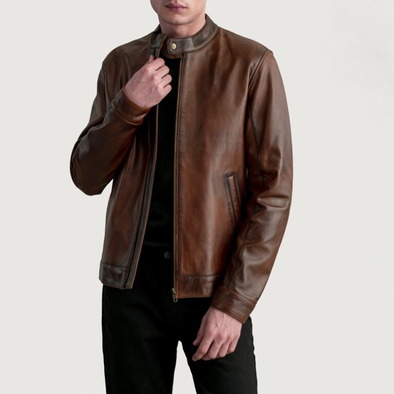 Mens Zen Distressed Brown Leather Biker Jacket Open Front-4-1724073225132